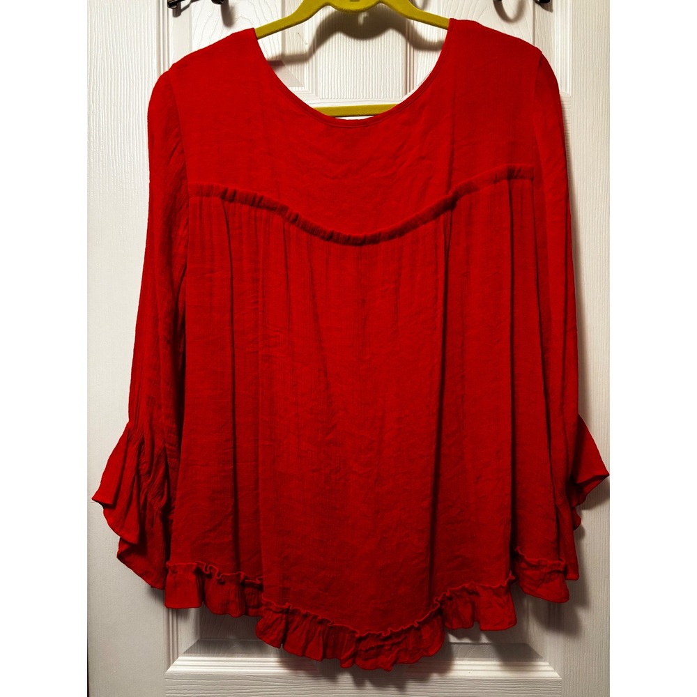 Zac & Rachel Woman Red Peasant Blouse Ruffle Sleeve Gold Tie 2X Boho Top - Picture 6 of 7